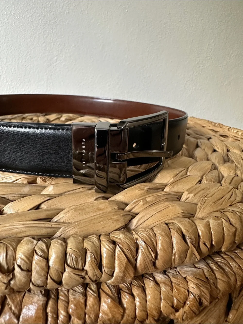 Perry Ellis Men's Size 32 Reversible Leather Belt Navy Brown Gunmetal Buckle